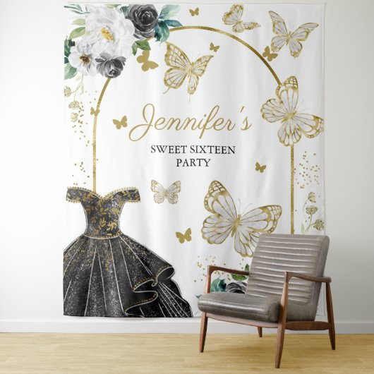 スイート16パーティーの背景 - 蝶の花のドレス タペストリー (インサイチュ)