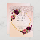 スイート16パーティーの花のローズゴールドグリッター招待状 ポストカード (正面/裏面)