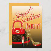 スイート16パーティーグリッタースティレットB&Lipstick 招待状 (正面/裏面)
