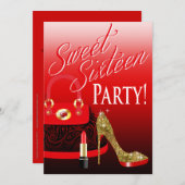 スイート16パーティーグリッタースティレットB&Lipstick 招待状 (正面/裏面)