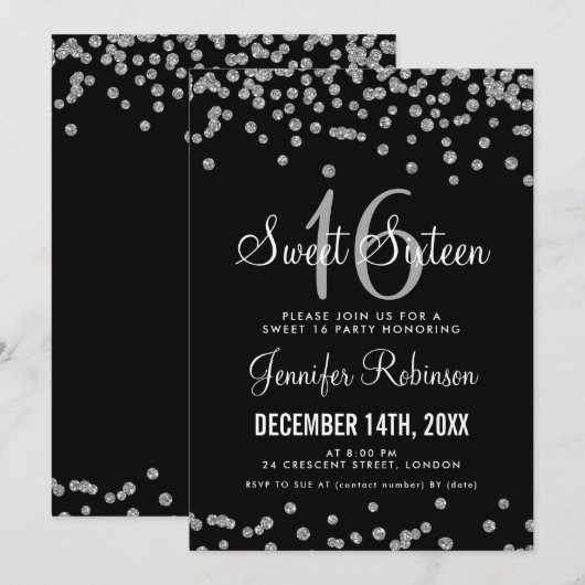 スイート16パーティーシルバー&ブラックグリッター紙吹雪 招待状 (正面/裏面)