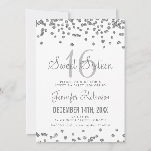 スイート16パーティーシルバー&ホワイトグリッター紙吹雪 招待状 (正面)
