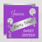 スイート16パーティーパープル白銀の弓バルーン 招待状 (正面/裏面)