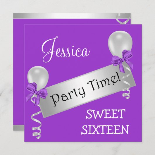 スイート16パーティーパープル白銀の弓バルーン 招待状 (正面/裏面)