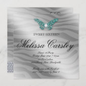 スイート16パーティー招待ジュエリー蝶ゼブラターコイズ 招待状 (正面/裏面)