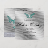 スイート16パーティー招待ジュエリー蝶ゼブラ水色 招待状 (正面/裏面)