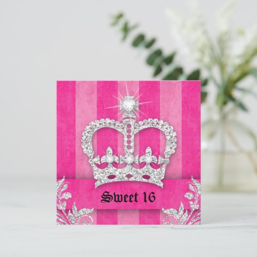 スイート16パーティー招待ピンクストライプクラウンチェア 招待状 (スタンド正面)