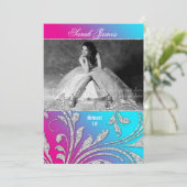 スイート16パーティー招待状グリッター葉ピンクブルー 招待状 (スタンド正面)