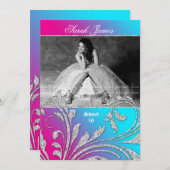 スイート16パーティー招待状グリッター葉ピンクブルー 招待状 (正面/裏面)