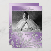 スイート16パーティー招待状グリッター葉モーヴパープル 招待状 (正面/裏面)