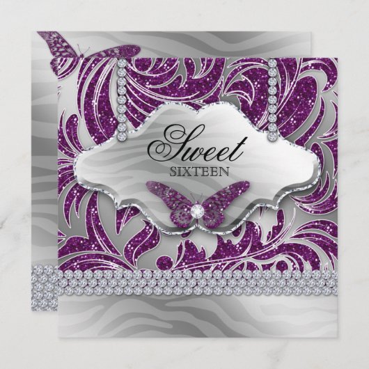 スイート16パーティー招待状パープルジュエリーバタフライ 招待状 (正面/裏面)