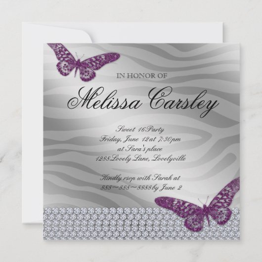 スイート16パーティー招待状パープルジュエリーバタフライ 招待状 (裏面)