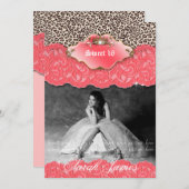 スイート16パーティー招待状レオパードクラウンコーラル 招待状 (正面/裏面)
