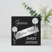 スイート16パーティー白黒シルバーボウズバルーン 招待状 (スタンド正面)