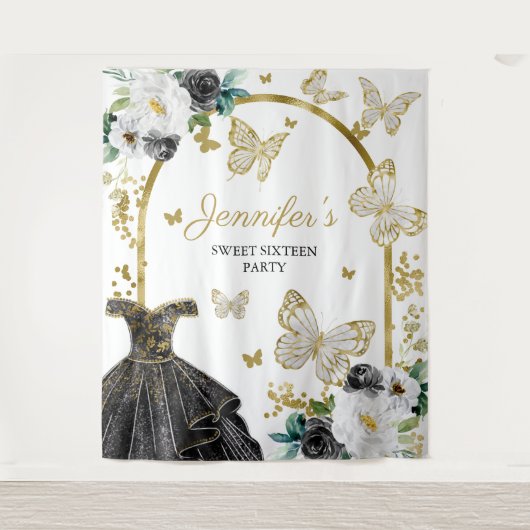 スイート16パーティー背景 - 蝶の花のドレス タペストリー (正面)
