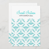 スイート16パーティー エレガント ダマスク ブルー 招待状 (正面/裏面)