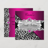 スイート16パーティー シルバー ピンク ブラック ホワイト レオパード 招待状 (正面/裏面)