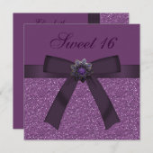 スイート16パープルグリッター&フラワージュエル招待状 招待状 (正面/裏面)