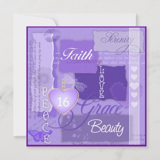 スイート16パープルヴィンテージオーガニック招待状 招待状 (正面)