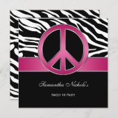 スイート16ピンクピースサインブラックゼブラ 招待状 (正面/裏面)