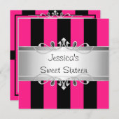 スイート16ピンクブラックパーティーシストライプルバー宝石 招待状 (正面/裏面)