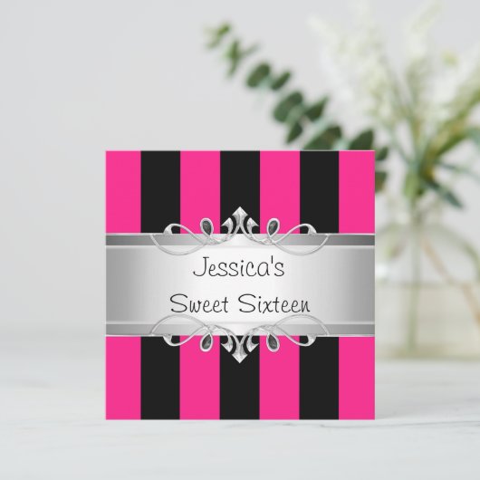 スイート16ピンクブラックパーティーシストライプルバー宝石 招待状 (スタンド正面)