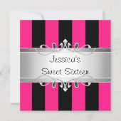 スイート16ピンクブラックパーティーシストライプルバー宝石 招待状 (正面)