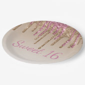 スイート16ピンク金ゴールドグリッタードリップスクリプトオンブレ ペーパープレート (アングル)