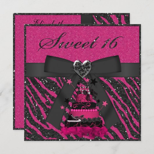 スイート16ピンク&ブラックケーキフェイクグリッターゼブラ 招待状 (正面/裏面)