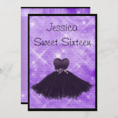 スイート16ブラックドレスパープルシルバーグリッター3 招待状 (正面/裏面)