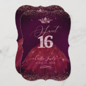 スイート16ブルゴーニュバラ金ゴールド紙吹雪プリンセス 招待状 (正面/裏面)