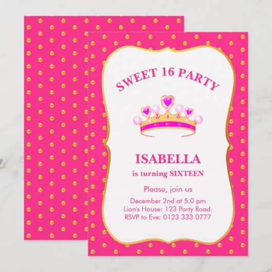 スイート16プリンセス クラウン 誕生日パーティー 招待状 (正面/裏面)