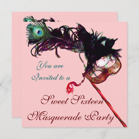 スイート16マスカレードパーティー、ピンクゴールドメタリック 招待状 (正面/裏面)
