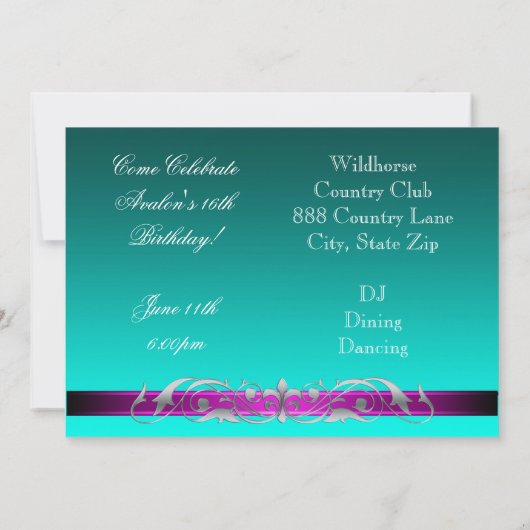 スイート16ロックギターティール（緑がかった色）パーティの招待状 招待状 (裏面)