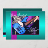 スイート16ロックギターティール（緑がかった色）パーティの招待状 招待状 (正面/裏面)