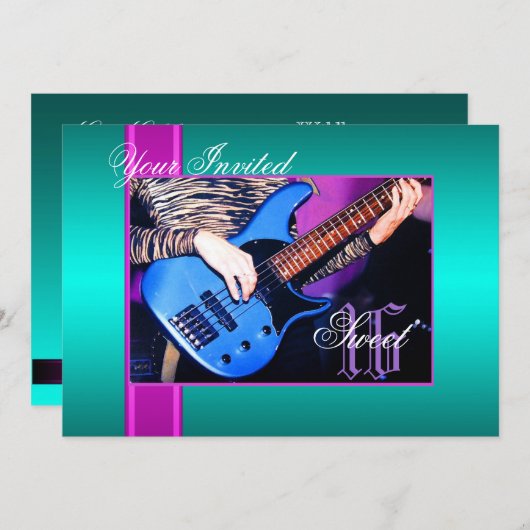 スイート16ロックギターティール（緑がかった色）パーティの招待状 招待状 (正面/裏面)