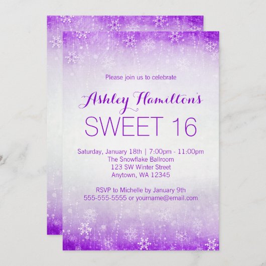 スイート16ヴィンテージパープルウィンターワンダーランド 招待状 (正面/裏面)