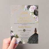 スイート16十六黒ドレス薄紫フローラ金ゴールド アクリル招待状 (インサイチュ (ポータブル))