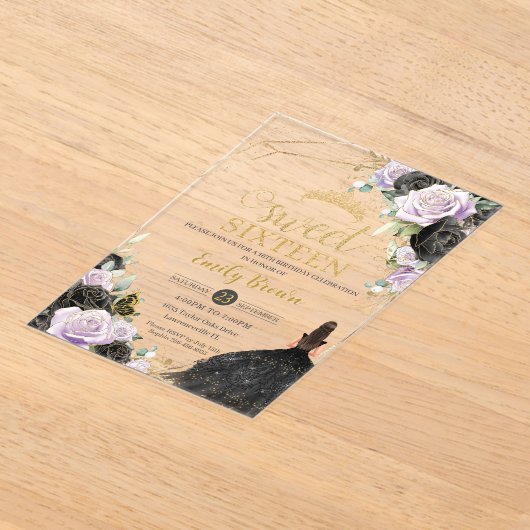 スイート16十六黒ドレス薄紫フローラ金ゴールド アクリル招待状 (レイダウン)