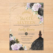 スイート16十六黒ドレス薄紫フローラ金ゴールド アクリル招待状 (正面)