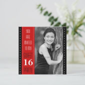 スイート16歳の誕生日 黒 赤 大きな写真 招待状 (スタンド正面)