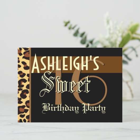 スイート16誕生日カスタムテンプレート-レオパード印刷 招待状 (スタンド正面)