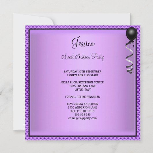 スイート16誕生日グラムパープルグリッターブラックボウ2 招待状 (裏面)