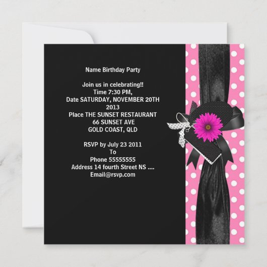 スイート16誕生日スポット水玉模様白黒ピンク 招待状 (裏面)