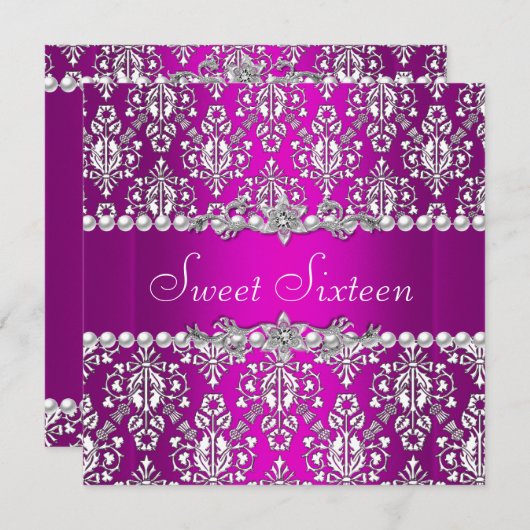 スイート16誕生日パープルピンクシルバーホワイトレース 招待状 (正面/裏面)