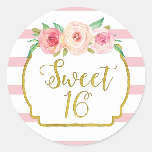 スイート16誕生日ピンクストライプ金ゴールドピンクフローラ ラウンドシール (正面)