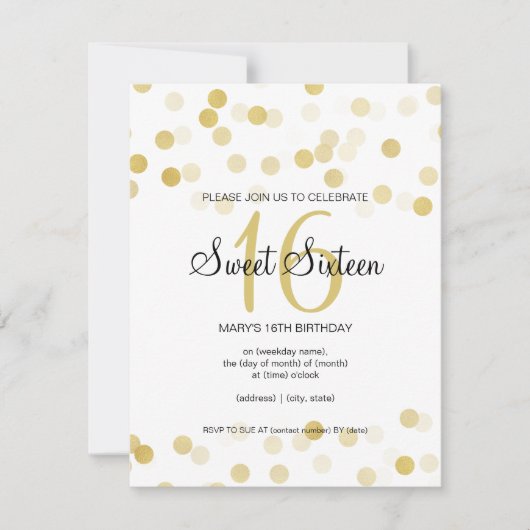 スイート16誕生日フェイク金箔グリッター灯 招待状 (正面)