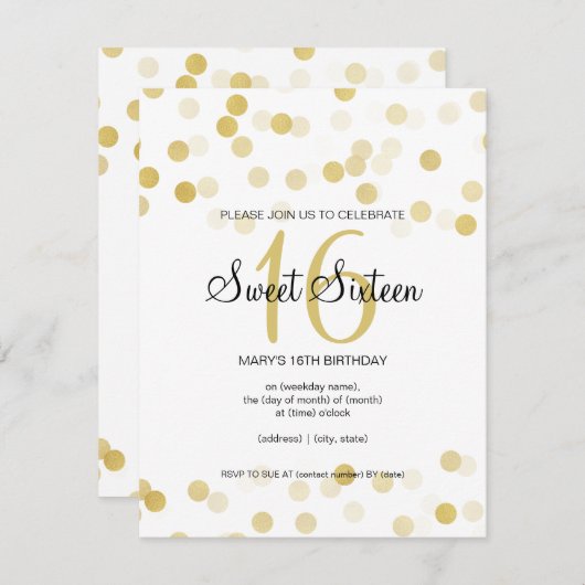 スイート16誕生日フェイク金箔グリッター灯 招待状 (正面/裏面)