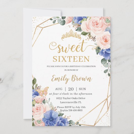 スイート16誕生日ブルー王室の赤面フローラティアラ 招待状 (正面)