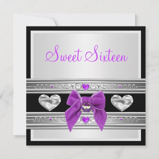 スイート16誕生日ホワイトブラックパープルボウ 招待状 (正面)